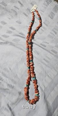 Collier Gradué en Rondelles d'Huître Épineuse Navajo et de Turquoise 27 Pouces V. Johnson