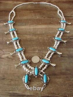 Collier Native American Navajo Nickel Silver Turquoise Squash Collier Signé Bc