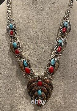 Collier Vintage En Argent Turquoise Et Coral Squash Blossom Collier