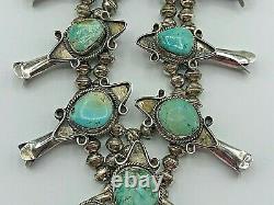 Collier Vintage Navajo Sterling Silver & Turquoise Cluster Squash Blossom 224g
