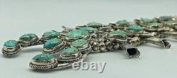 Collier Vintage Navajo Sterling Silver & Turquoise Cluster Squash Blossom 224g