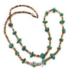 Collier de coquillage avec perles heishi en turquoise et nuggets navajos amérindiens vintage 14