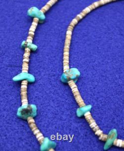 Collier de coquillage avec perles heishi en turquoise et nuggets navajos amérindiens vintage 14