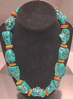 Collier déclaratif en heishi avec nuggets de turquoise Navajo Vintagr 21, 240 G, 12 pierres