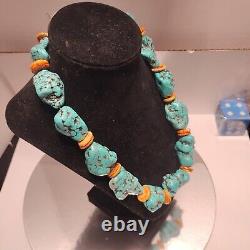 Collier déclaratif en heishi avec nuggets de turquoise Navajo Vintagr 21, 240 G, 12 pierres