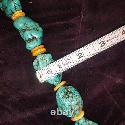 Collier déclaratif en heishi avec nuggets de turquoise Navajo Vintagr 21, 240 G, 12 pierres