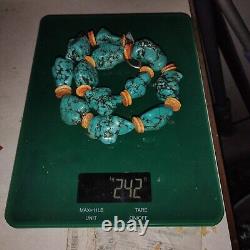 Collier déclaratif en heishi avec nuggets de turquoise Navajo Vintagr 21, 240 G, 12 pierres