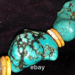 Collier déclaratif en heishi avec nuggets de turquoise Navajo Vintagr 21, 240 G, 12 pierres