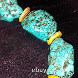 Collier déclaratif en heishi avec nuggets de turquoise Navajo Vintagr 21, 240 G, 12 pierres