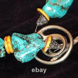 Collier déclaratif en heishi avec nuggets de turquoise Navajo Vintagr 21, 240 G, 12 pierres