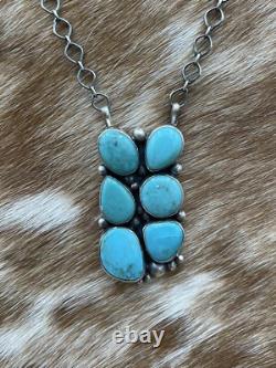 Collier en argent fait main en turquoise Navajo américain autochtone de 18 pouces avec une barre en grappe