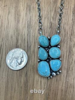 Collier en argent fait main en turquoise Navajo américain autochtone de 18 pouces avec une barre en grappe