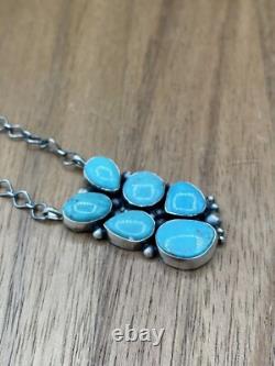 Collier en argent fait main en turquoise Navajo américain autochtone de 18 pouces avec une barre en grappe