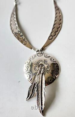 Collier en argent sterling concho plumes Navajo amérindien vintage 17g