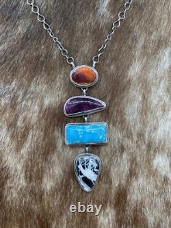 Collier en argent sterling fait à la main Navajo amérindien multicolore de 18 pouces
