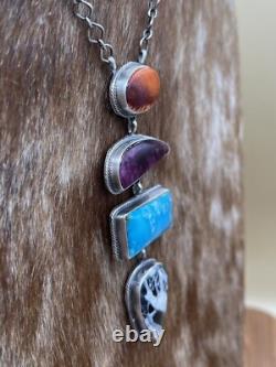 Collier en argent sterling fait à la main Navajo amérindien multicolore de 18 pouces