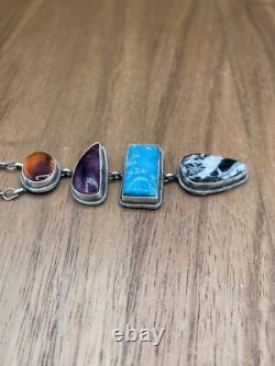 Collier en argent sterling fait à la main Navajo amérindien multicolore de 18 pouces