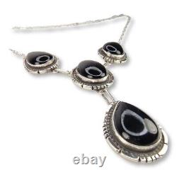 Collier en argent sterling onyx Navajo de l'incroyable Reggie Haskie, Amérindien.
