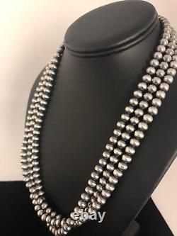 Collier en perles Navajo en argent sterling amérindien de 7 mm, 21 pouces, 3 brins