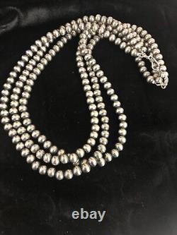 Collier en perles Navajo en argent sterling amérindien de 7 mm, 21 pouces, 3 brins
