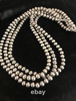 Collier en perles Navajo en argent sterling amérindien de 7 mm, 21 pouces, 3 brins