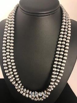 Collier en perles Navajo en argent sterling amérindien de 7 mm, 21 pouces, 3 brins