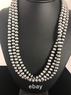 Collier en perles Navajo en argent sterling amérindien de 7 mm, 21 pouces, 3 brins