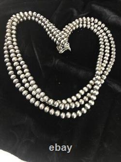 Collier en perles Navajo en argent sterling amérindien de 7 mm, 21 pouces, 3 brins