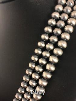 Collier en perles Navajo en argent sterling amérindien de 7 mm, 21 pouces, 3 brins
