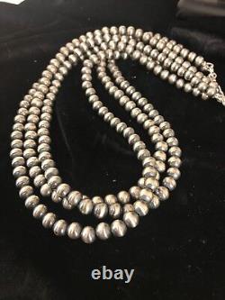 Collier en perles Navajo en argent sterling amérindien de 7 mm, 21 pouces, 3 brins