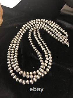Collier en perles Navajo en argent sterling amérindien de 7 mm, 21 pouces, 3 brins