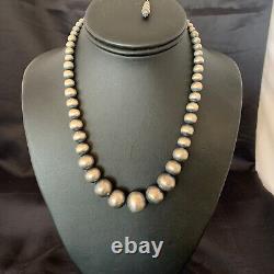 Collier en perles Navajo en argent sterling, perles rondes graduées sans couture, 16 pouces