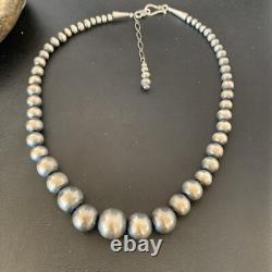 Collier en perles Navajo en argent sterling, perles rondes graduées sans couture, 16 pouces