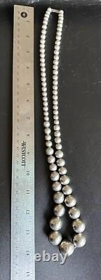 Collier en perles graduées en argent navajo amérindien de 30 pouces / 20 mm fait à la main