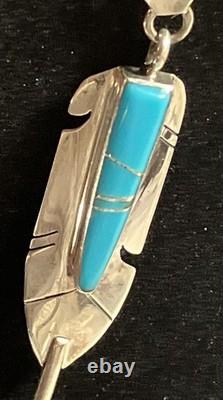 Collier en plumes en turquoise incrusté en argent sterling fait à la main par Mary Yazzie, Navajo, 22 pouces