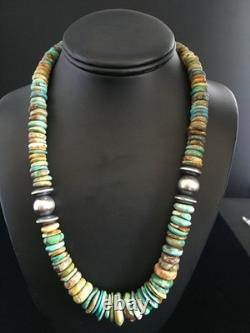 Collier en turquoise verte graduée amérindien Navajo en argent sterling 20