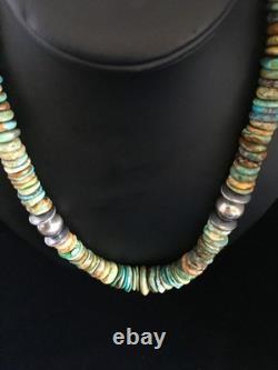 Collier en turquoise verte graduée amérindien Navajo en argent sterling 20