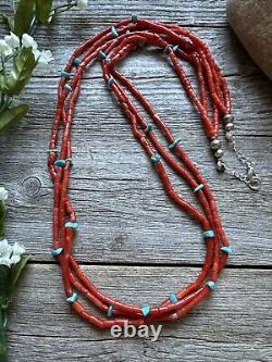 Collier multi-brins en corail et turquoise en argent sterling amérindien de 30 pouces