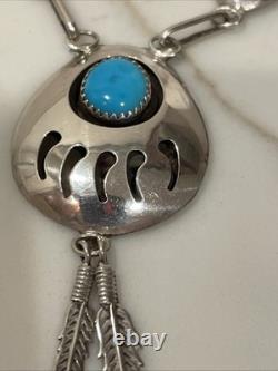 Collier patte d’ours en turquoise et argent sterling Navajo amérindien 18