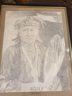 Dessin au crayon d'un Indien Navajo Amérindien signé par l'artiste