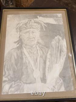 Dessin au crayon d'un Indien Navajo Amérindien signé par l'artiste