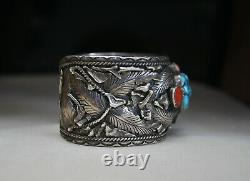 Énorme Native American Navajo Turquoise Coral Sterling Cuff Bracelet Grande Taille