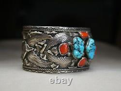Énorme Native American Navajo Turquoise Coral Sterling Cuff Bracelet Grande Taille