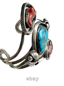Énorme bracelet manchette vintage en argent et turquoise de style amérindien Navajo