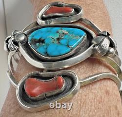 Énorme bracelet manchette vintage en argent et turquoise de style amérindien Navajo