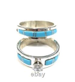 Ensemble de mariage en argent sterling fait main par les Navajos avec turquoise, taille 10,25.