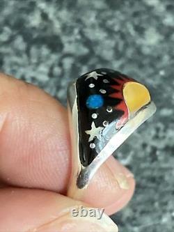 Fantastic Navajo Micro Inlay Sterling Onyx Coral Opal Snrise Ring Sz 7 Signé
