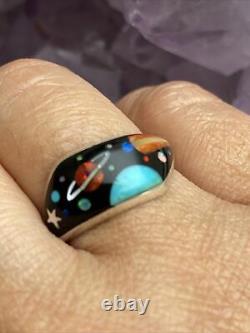 Fantastique Navajo Micro Inlay Sterling Onyx Opal Coral Galaxy Ring 7.75 Signé