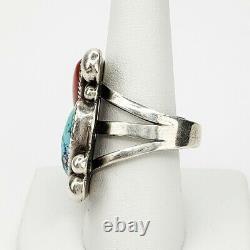 Grand Native American Navajo Argent Sterling Turquoise Et Coral Taille De Bague 10,5
