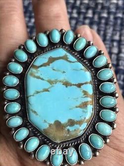 Grande Bague Native Américaine En Argent Sterling Navajo Turquoise Taille 7.5
